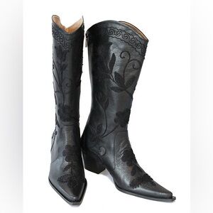 NWT Zeyzani Adorable Black Leather Cowboy Boots Size 37 (US 6.5-7)